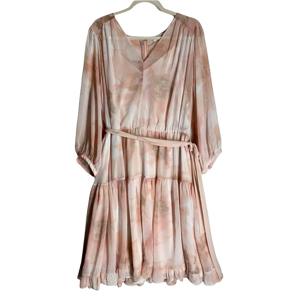 NWT Calvin Klein Blouson Tiered Dress Size 22W Pink Flowing Ruffle Bell Sleeve